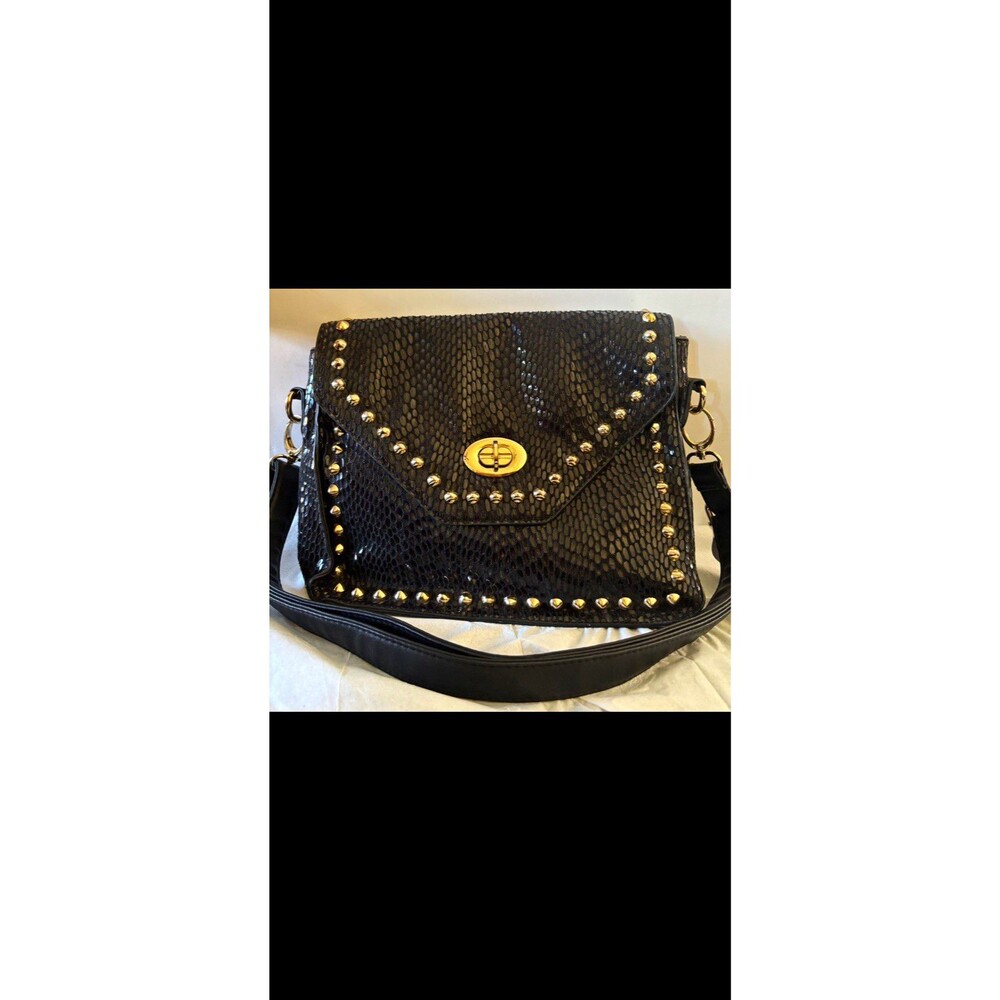 Charming Charlie Black Studded Crossbody Bag Turn Lock Floral Lining Pockets
